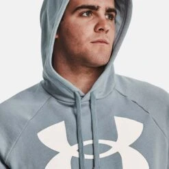 Under Armour Men's Rival Fleece Big Logo Hoodie Harbor Blue / Onyx White -Guin Sales Store v5 1357093 465 hood