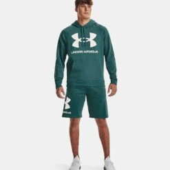 Under Armour Men's UA Rival Fleece Big Logo Hoodie Coastal Teal / Onyx White -Guin Sales Store v5 1357093 722 fsf