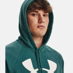 Under Armour Men's UA Rival Fleece Big Logo Hoodie Coastal Teal / Onyx White -Guin Sales Store v5 1357093 722 hood